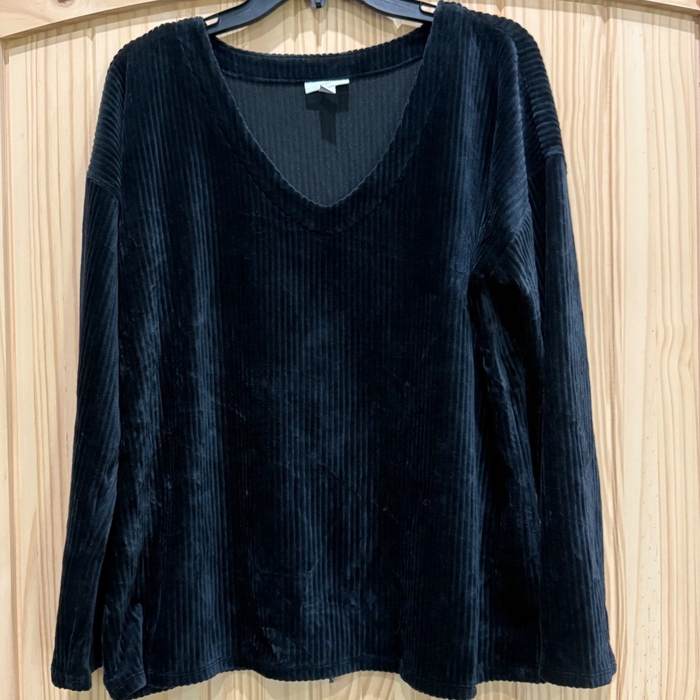 J. Jill Womens Black Corduroy Knit V-Neck Long Sleeve Top Large Ribbed Cozy